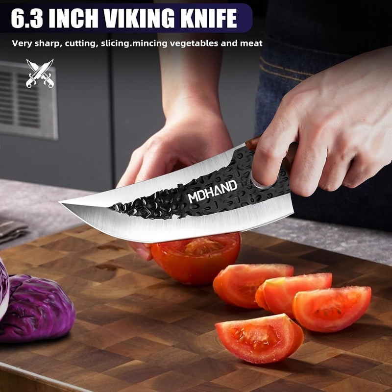 MDHAND Butcher Knife Set, 8PCS Hand Forged Butcher Chef Knife Set with Gift Box, Meat Cutting Knife for Kitchen, Bone Chopper Knives & Viking Knives for Home & Camping & Outdoor, BBQ Gift for Men - Image 5
